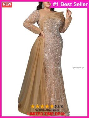 Plus Size Sequin Beaded Mermaid Evening Gown Long Sleeve Prom Dress